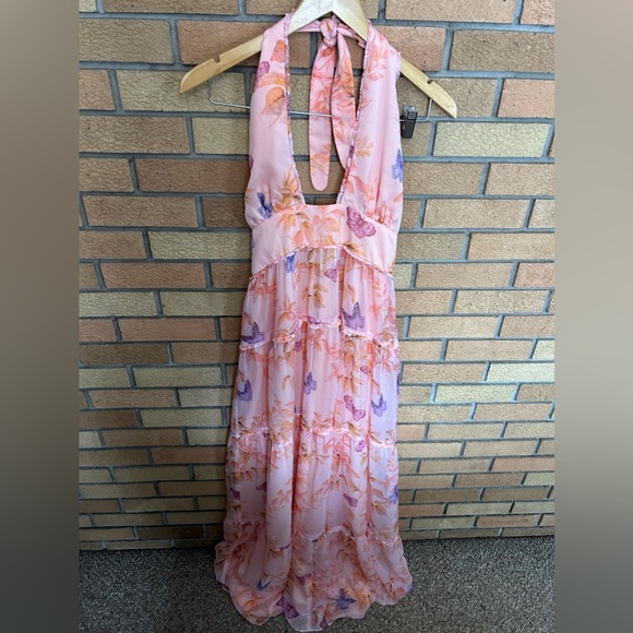 Amanda Uprichard Estella Maxi Dress Pink Tie Back Butterfly Ruffled Gown Size L - Picture 3 of 6